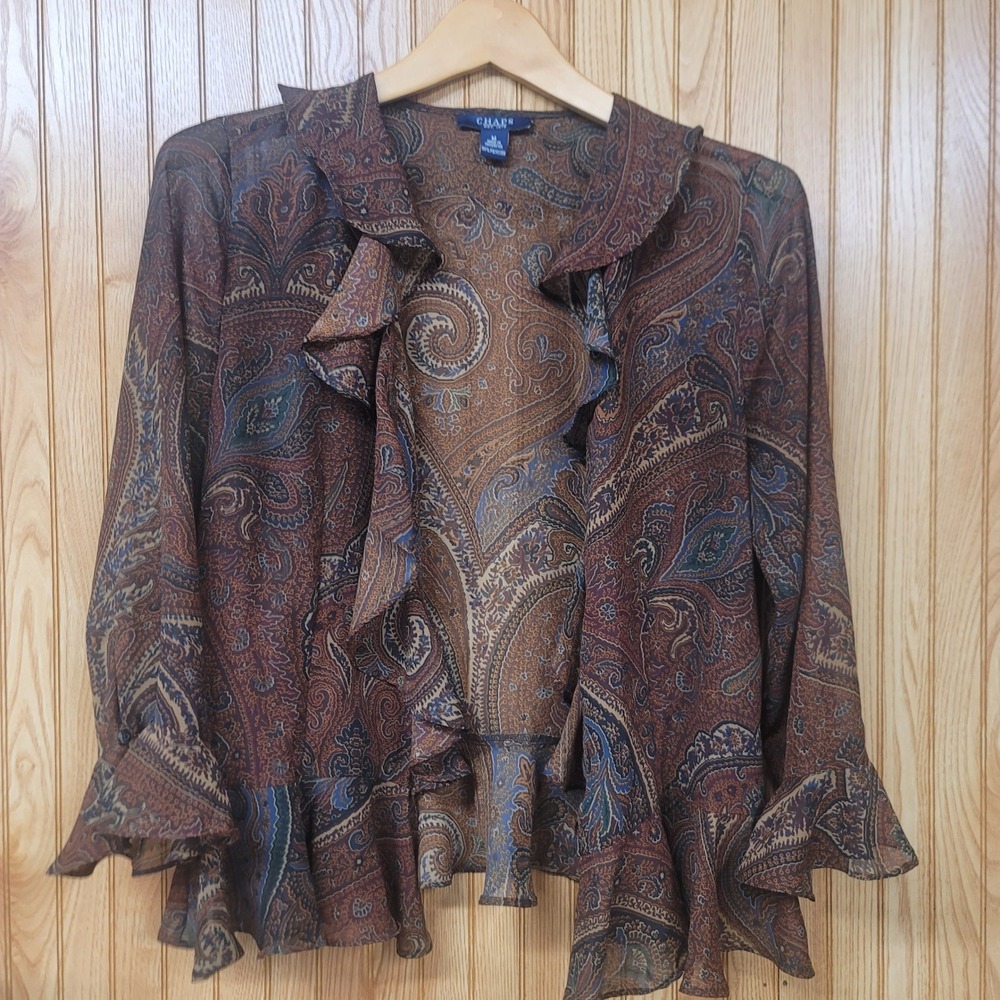 Chaps Brown Paisley Sheer Ruffle Front Peplum Lightweight Flowy Cardigan Sz m